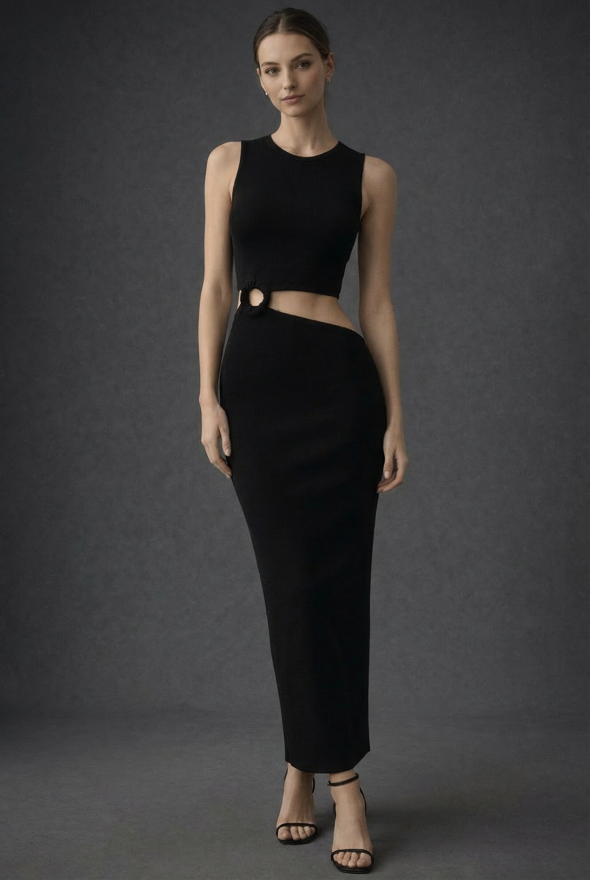 Sylova Cut-Out Detaylı Fit Midi Elbise – Siyah