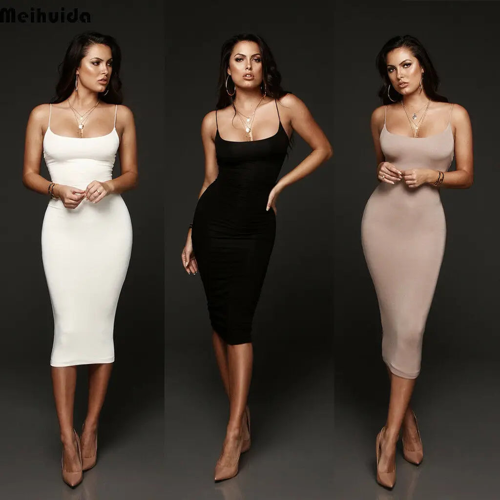 Rahat Kadın Bandaj Bodycon Midi Elbise – Askısız, Kolsuz, Derin O Yaka, Parti & Kulüp Şıklığı