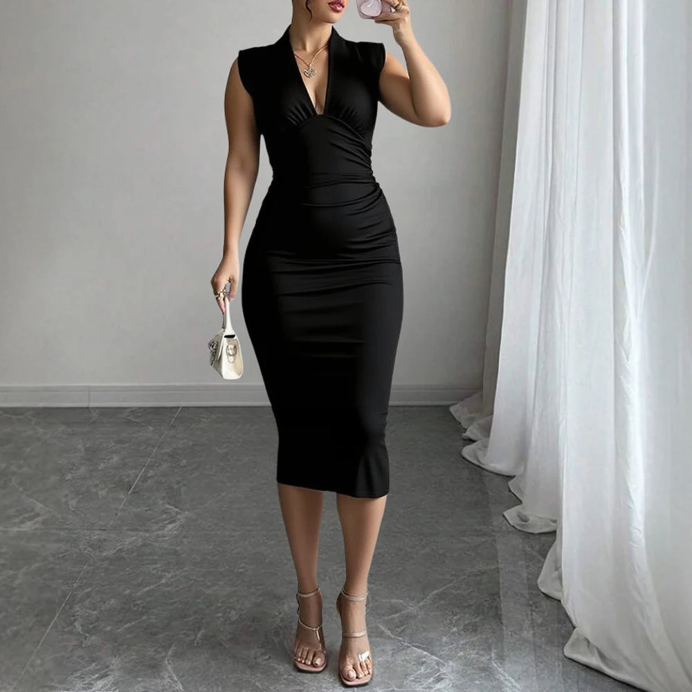 Elbiseler Yaz Modası Zarif Tek Renk Kolsuz Derin Yaka