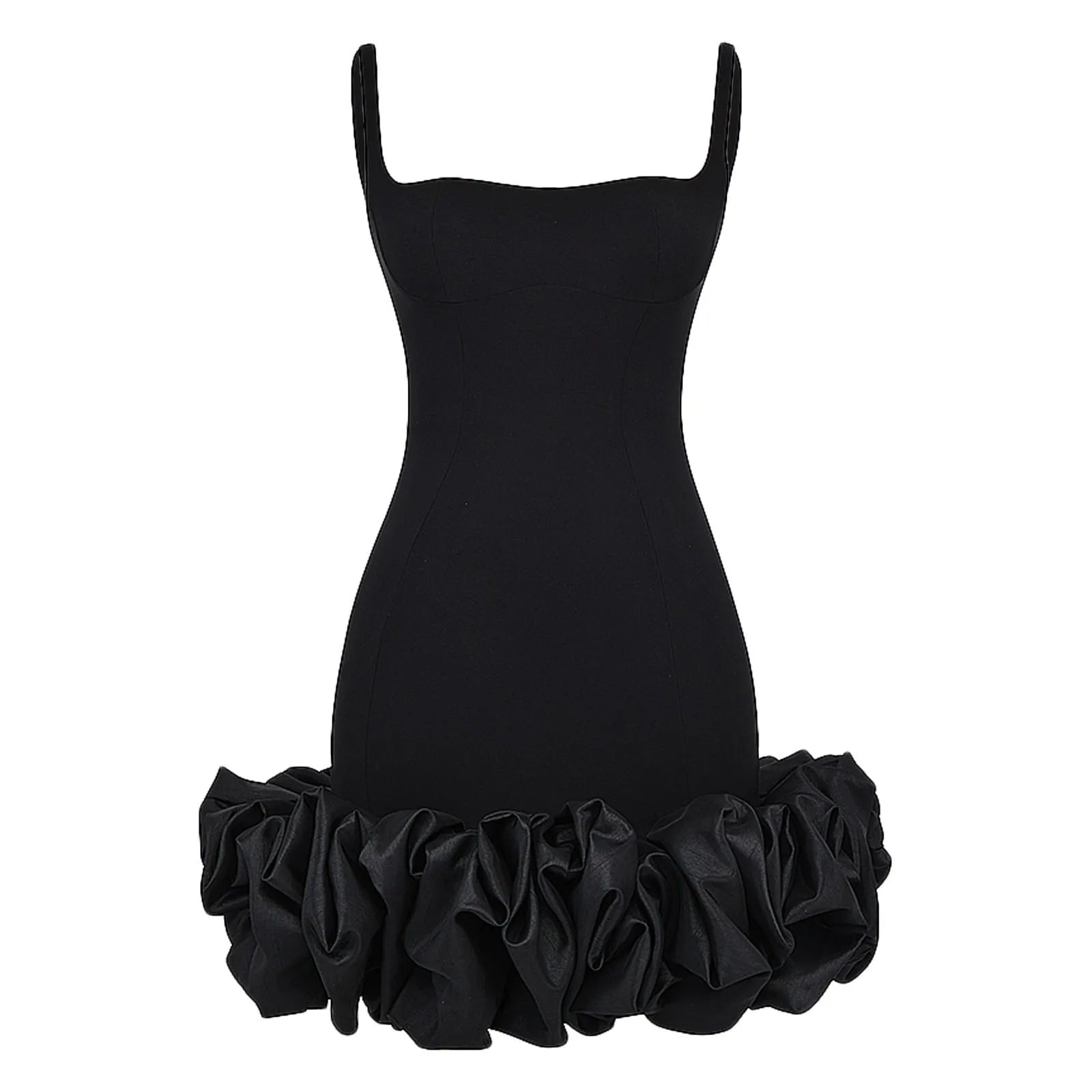 Askılı Dar Kesim Tek Renk Pileli Volanlı Etek Kolsuz Dar Kesim Elbise