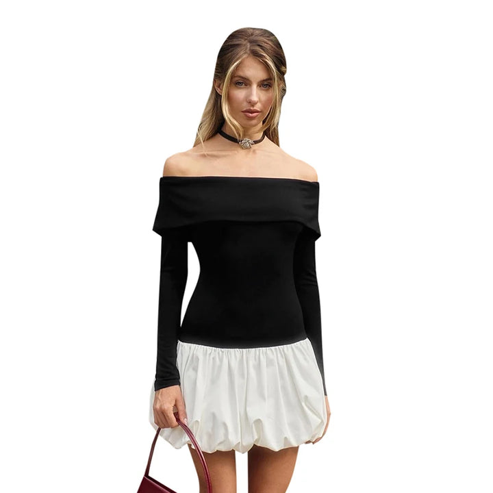 Mini Bud Elbise Kapalı Omuz Uzun Kollu