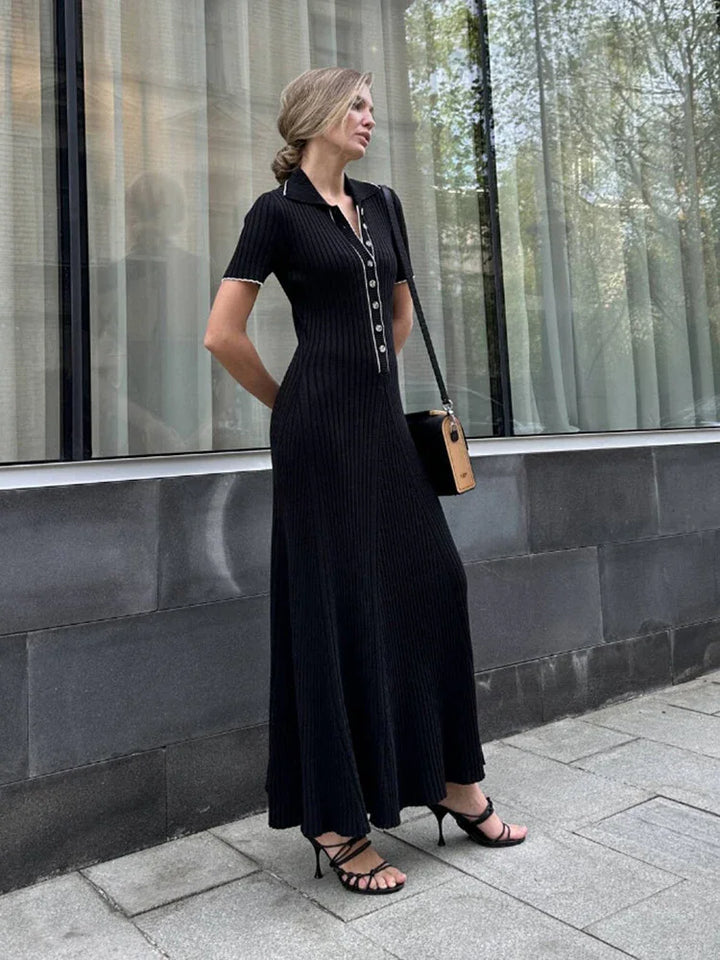 Zarif V Yaka Denim Patchwork Örme Uzun Elbise