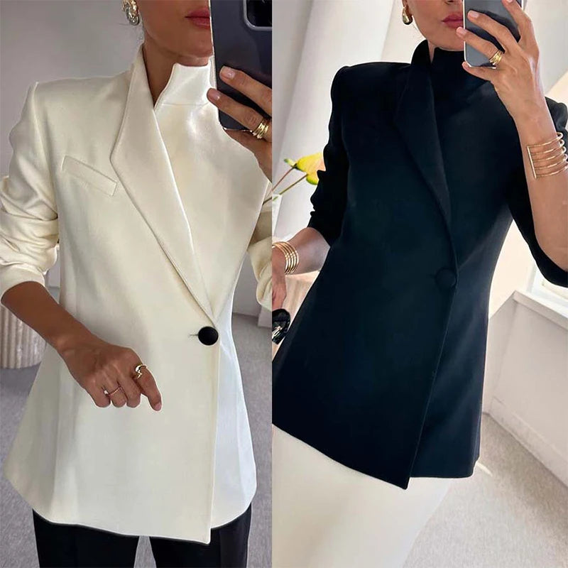 Uzun Kollu Casual Saten Blazer INS Bol Kesim Şık Tek Düğmeli Ceket