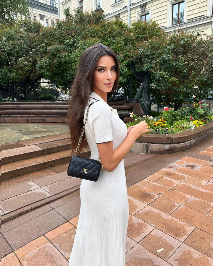 Zarif V Yaka Denim Patchwork Örme Uzun Elbise