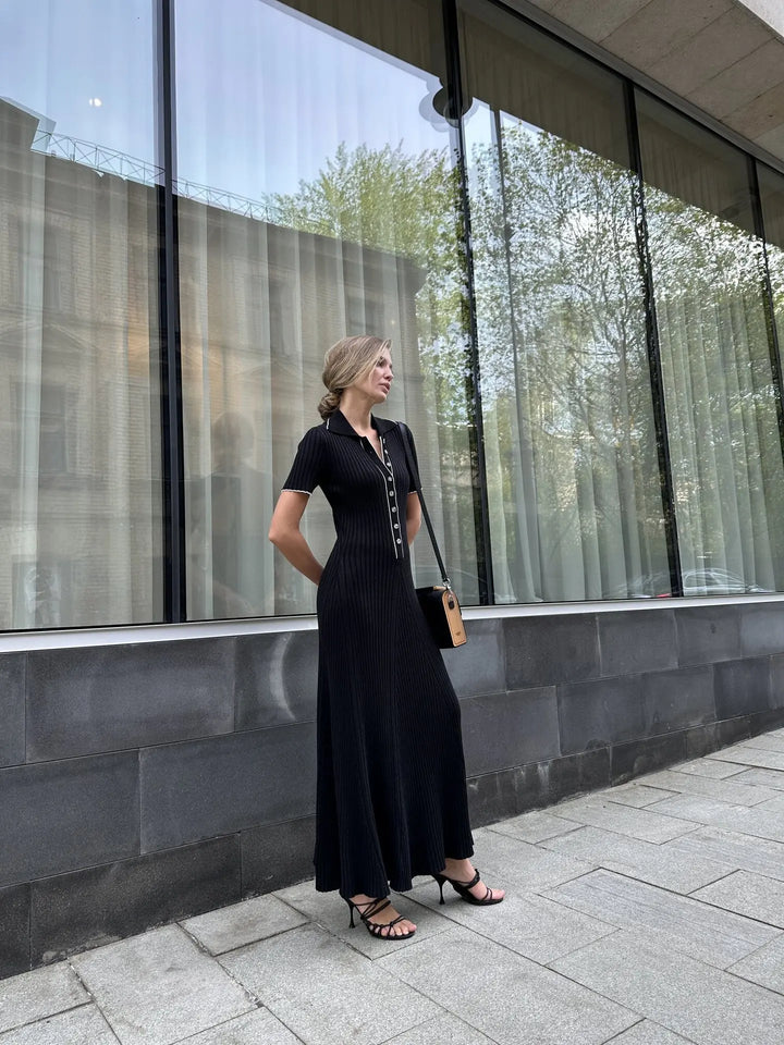 Zarif V Yaka Denim Patchwork Örme Uzun Elbise