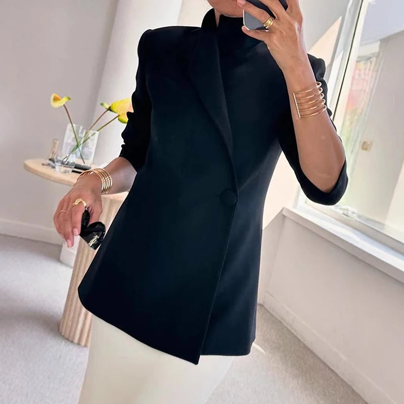 Uzun Kollu Casual Saten Blazer INS Bol Kesim Şık Tek Düğmeli Ceket