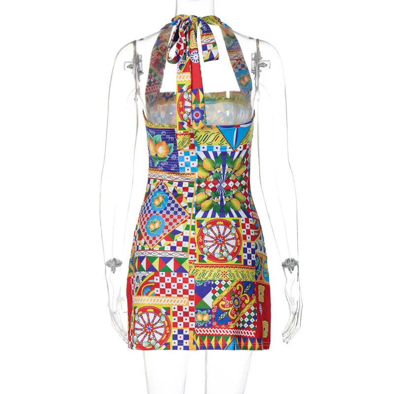 Viva Colorful Desenli Halter Mini Elbise – Cesur Renklerle Işılda!