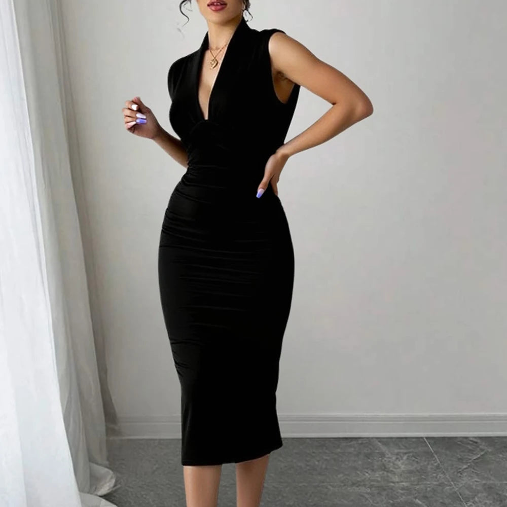 Elbiseler Yaz Modası Zarif Tek Renk Kolsuz Derin Yaka