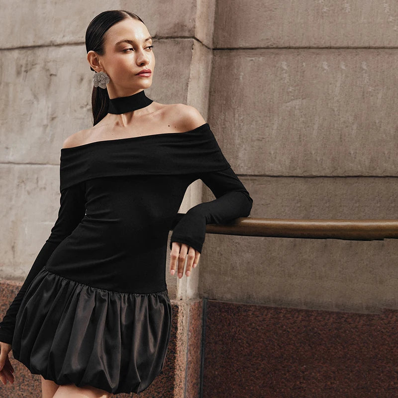 Mini Bud Elbise Kapalı Omuz Uzun Kollu