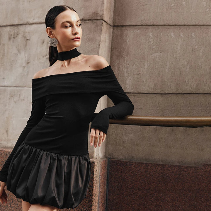 Mini Bud Elbise Kapalı Omuz Uzun Kollu