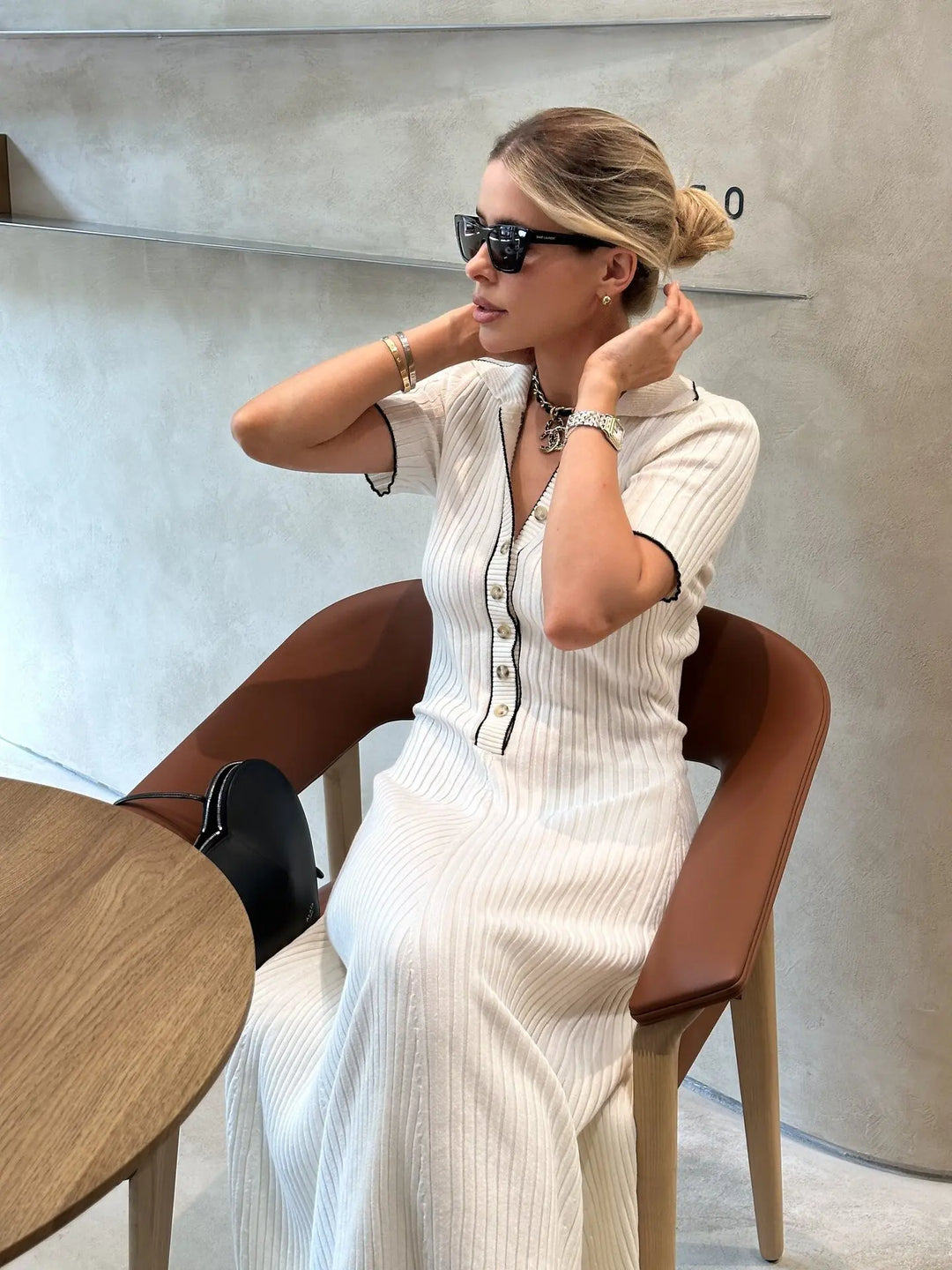 Zarif V Yaka Denim Patchwork Örme Uzun Elbise