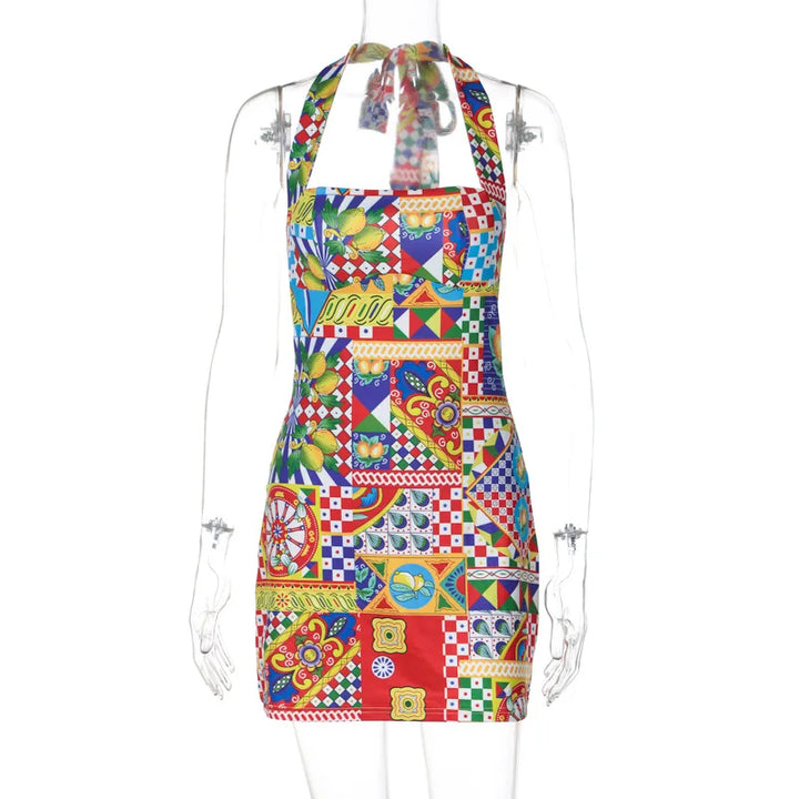 Viva Colorful Desenli Halter Mini Elbise – Cesur Renklerle Işılda!