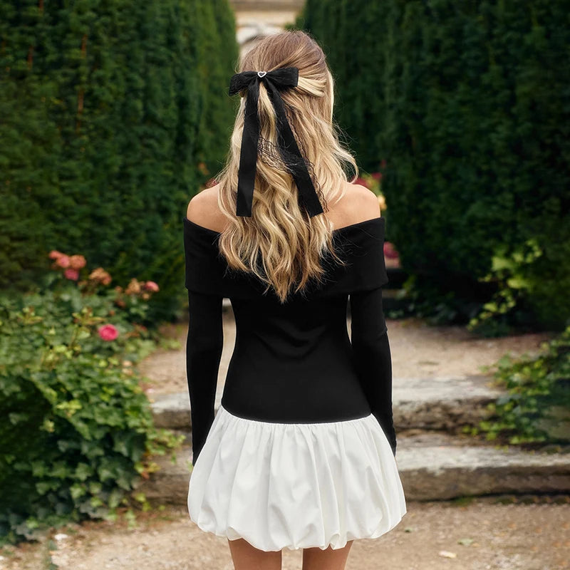 Mini Bud Elbise Kapalı Omuz Uzun Kollu