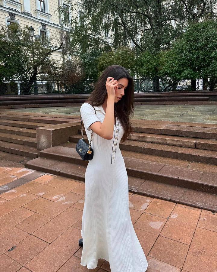 Zarif V Yaka Denim Patchwork Örme Uzun Elbise