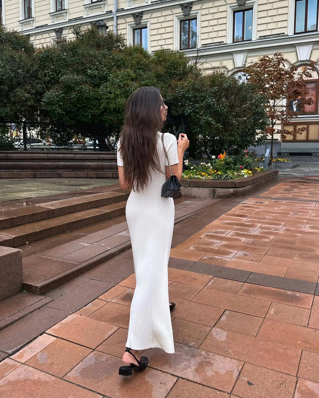 Zarif V Yaka Denim Patchwork Örme Uzun Elbise