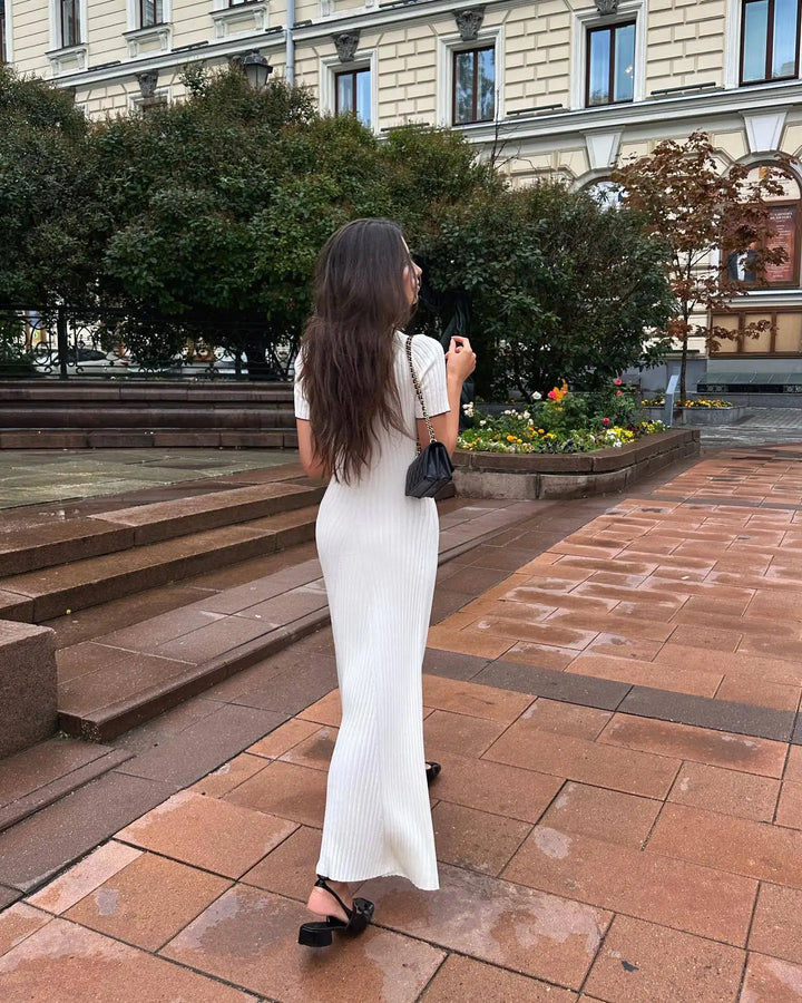 Zarif V Yaka Denim Patchwork Örme Uzun Elbise