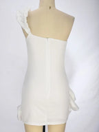 Zarif Beyaz Mini Elbiseler 3D Çiçek Lüks Tek Omuz Kolsuz Pileli