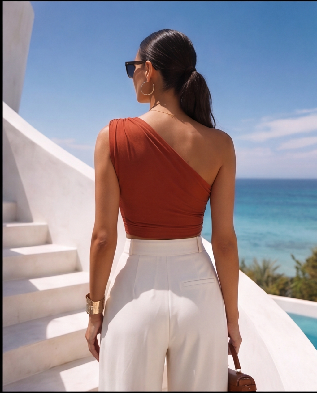 Tek Omuz Kruvaze Detaylı Kiremit Rengi Crop Bluz