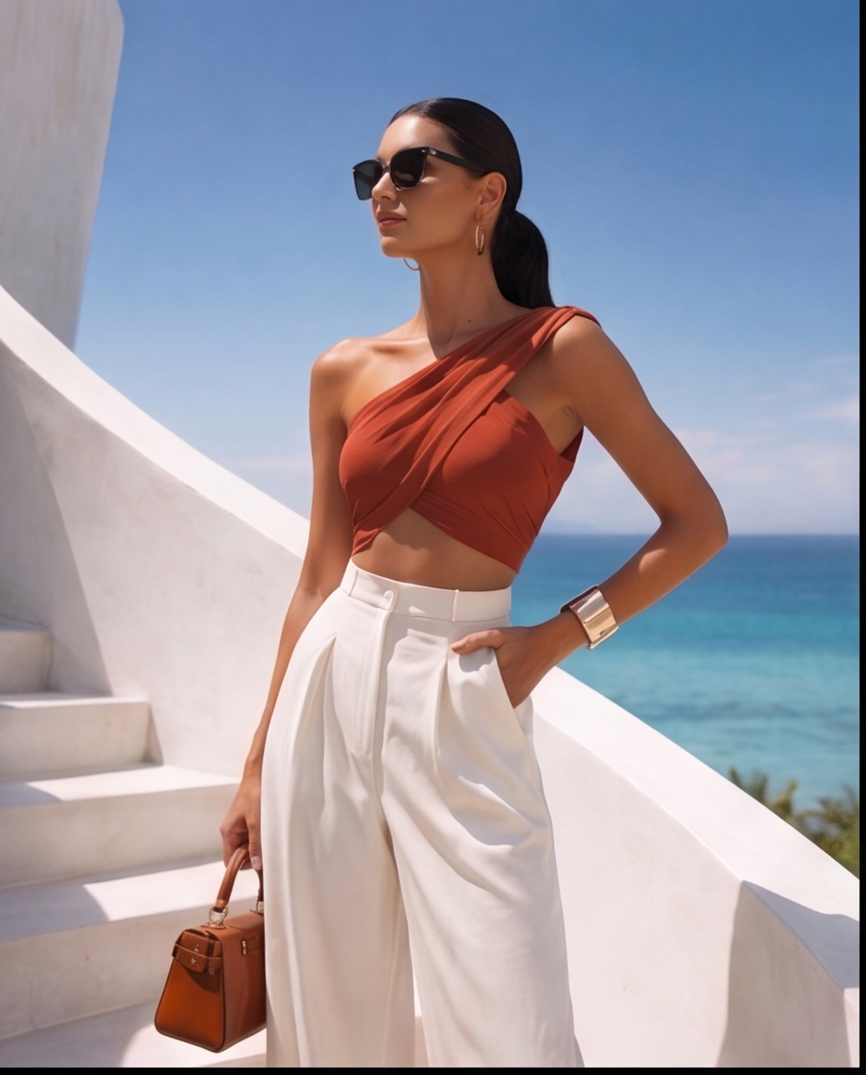 Tek Omuz Kruvaze Detaylı Kiremit Rengi Crop Bluz