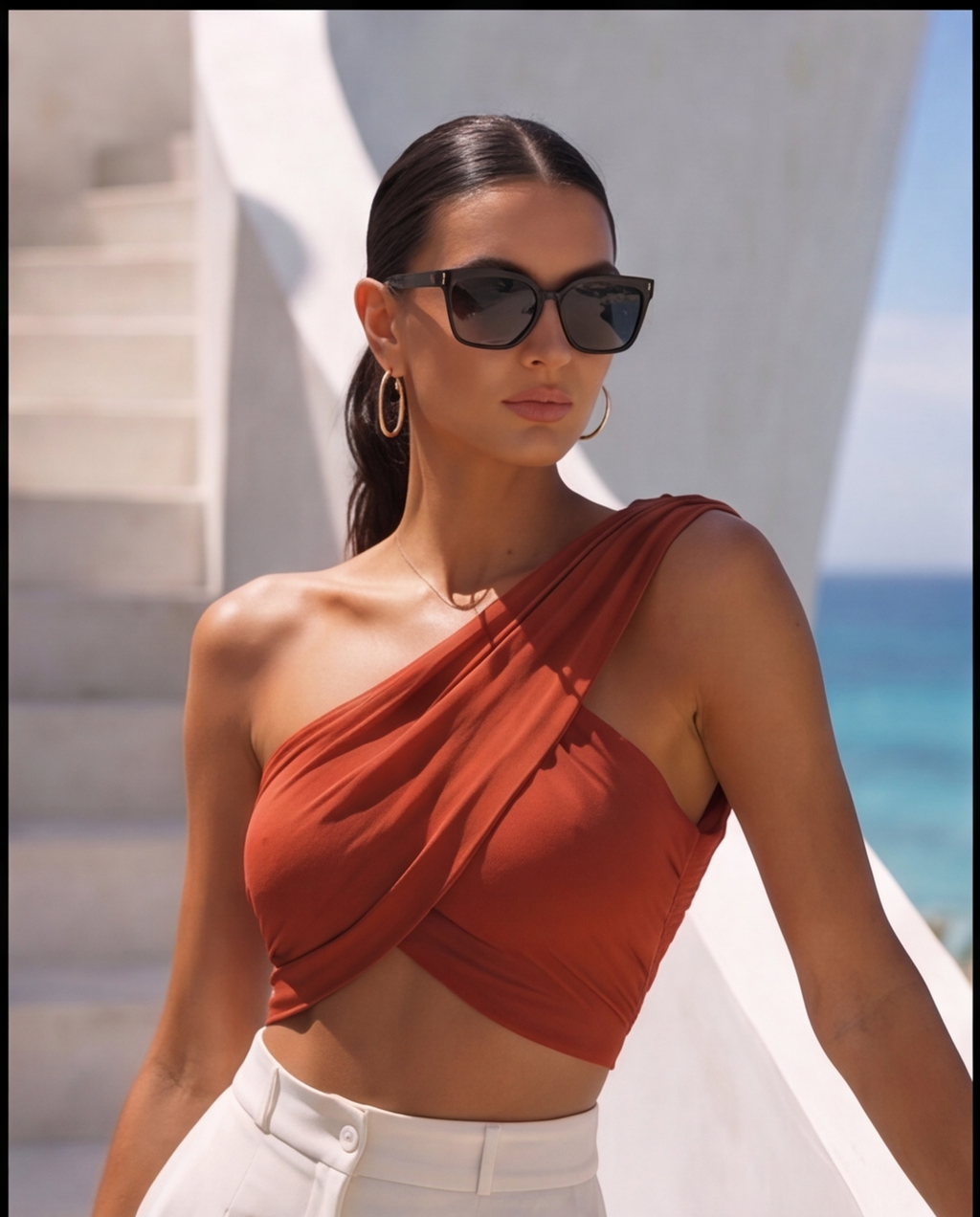 Tek Omuz Kruvaze Detaylı Kiremit Rengi Crop Bluz