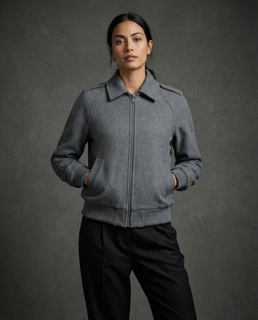 Sylova Gri Fermuarlı Minimal Bomber Ceket