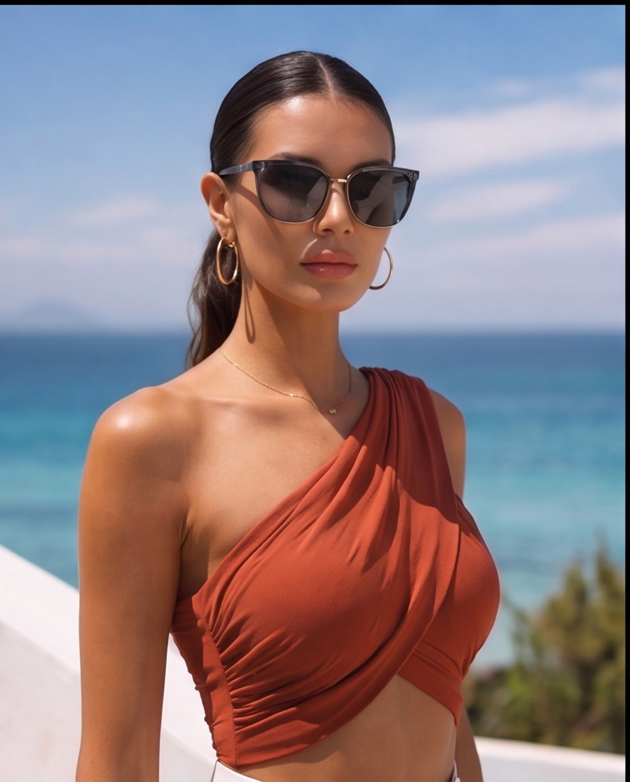 SYLOVA tek omuz kruvaze detaylı kiremit rengi crop bluz, şık ve modern tasarım, ön yüzde kruvaze detay ve crop kesim.